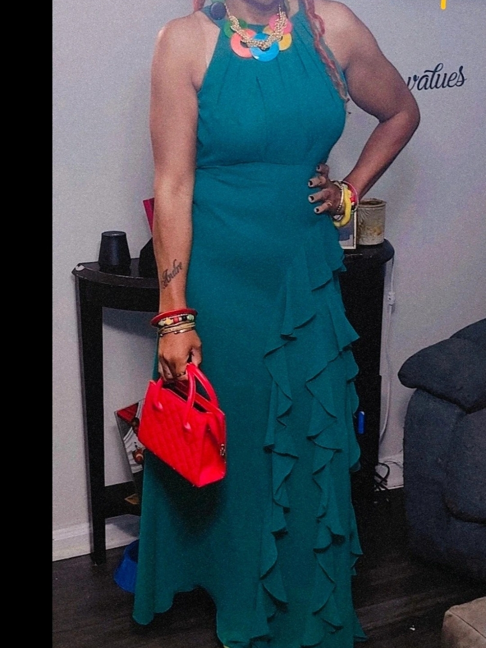 Teal Halter Ruffle Maxi Dress - Classic Women's Evening Gown